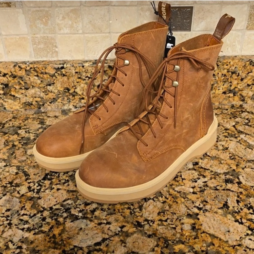New Sorel High Line Boots Brown Leather Lace-Up Boots with Pull Tab